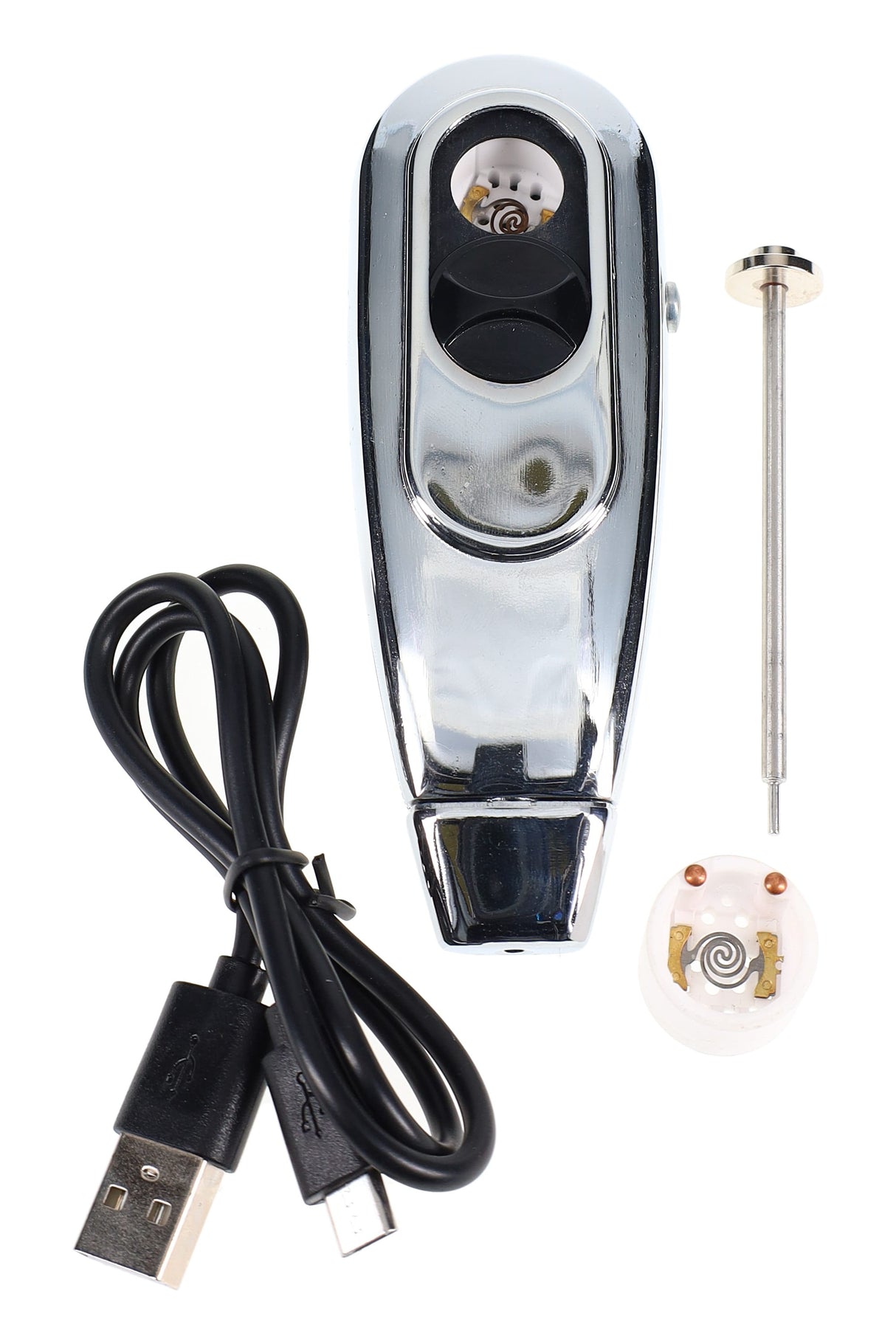 Solopipe Elektra rechargeable self-lighting pipe with USB cable, packing tool, and spare ceramic cup, polished metal finish on white.