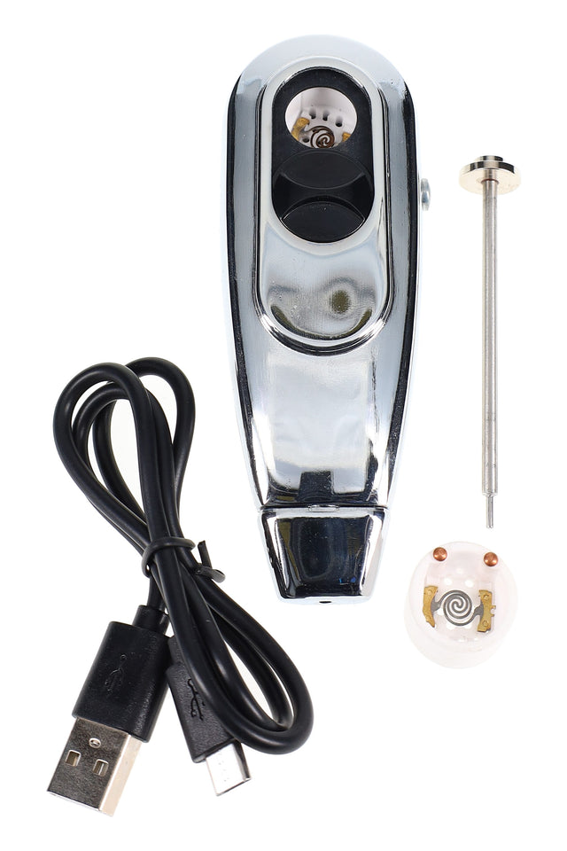 Solopipe Elektra rechargeable self-lighting pipe with USB cable, packing tool, and spare ceramic cup, polished metal finish on white.