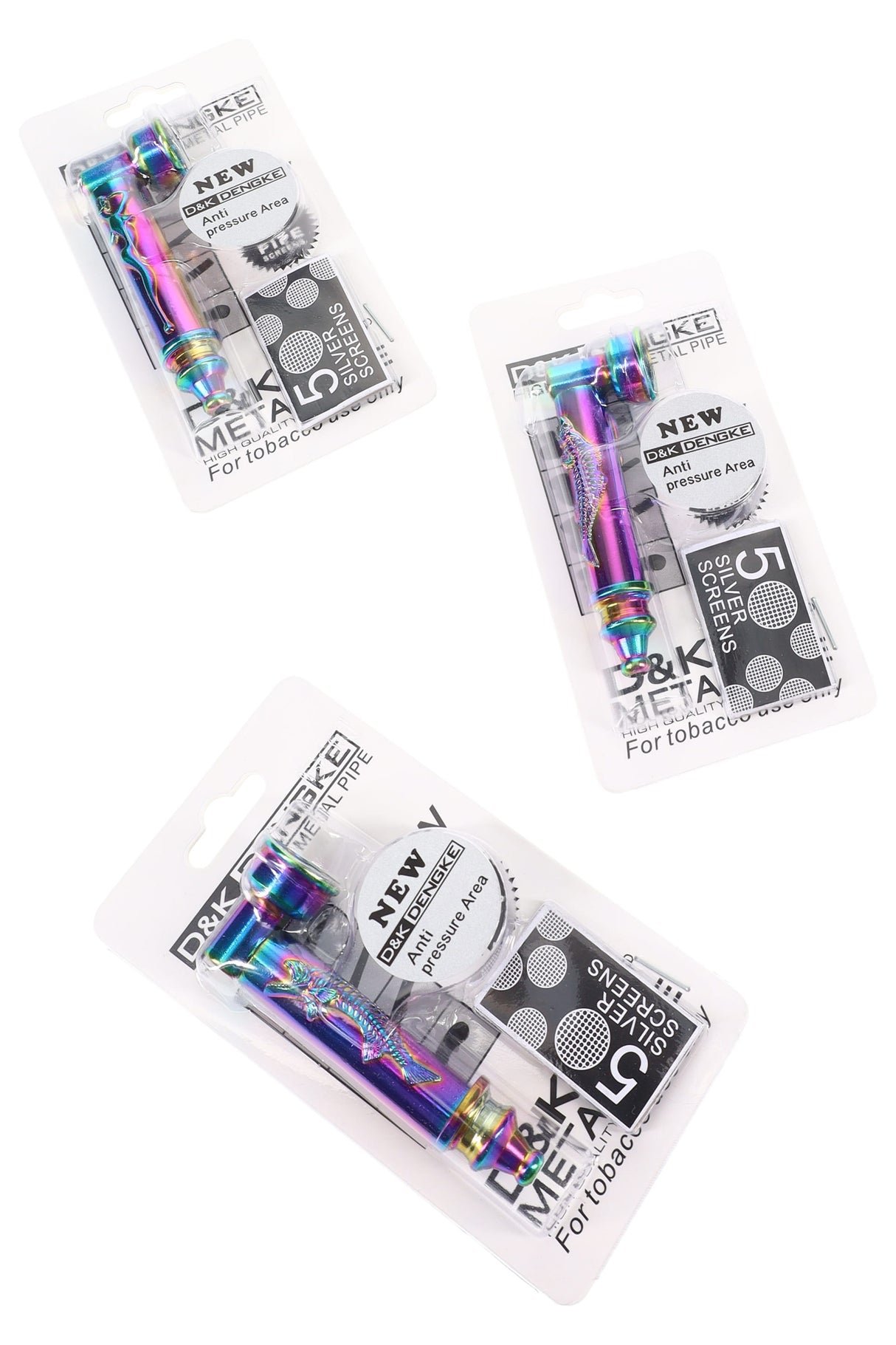 Three rainbow skeleton metal hand pipes in retail blister packs with five silver pipe screens included, peg-ready gift set.