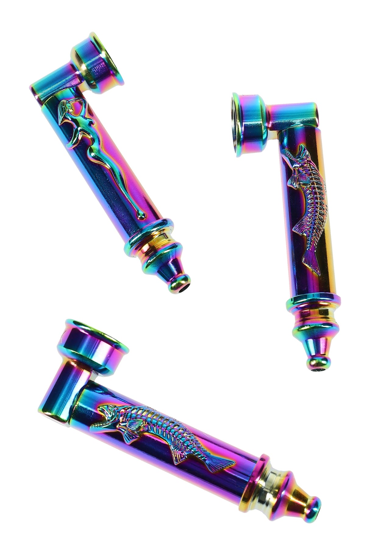 Rainbow-finish metal hand pipes with embossed skeleton-style stems and angled bowls, compact pocket design with smooth metallic sheen.