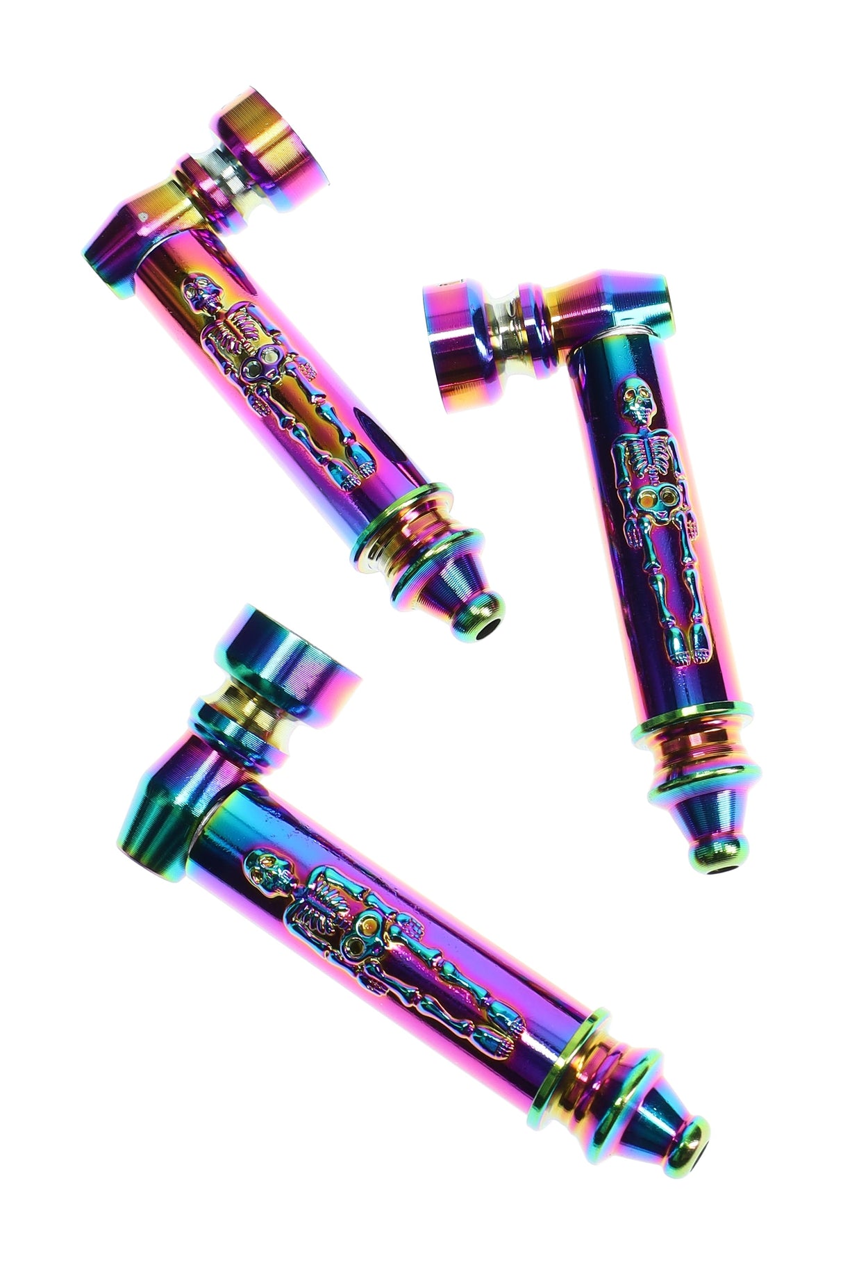 Trio view of rainbow skeleton metal hand pipe showing bowl and embossed body; 3″ pocket pipe for dry herb.