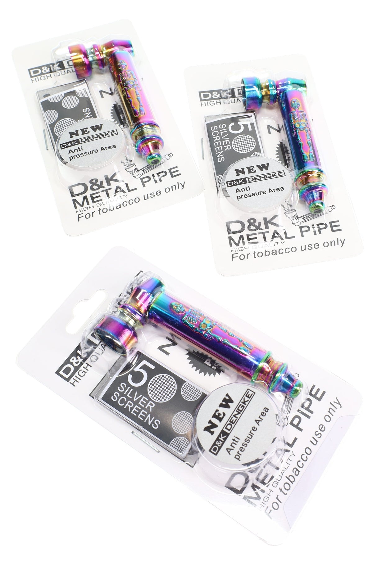 Rainbow metallic skeleton metal hand pipe gift set on retail card with 5 silver screens; compact 3″ hammer-style pipe.