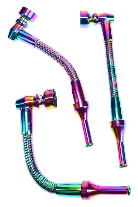 Rainbow metallic bendy metal hand pipe, 5.25-inch length with flexible spring neck and deep bowl, shown on white background.