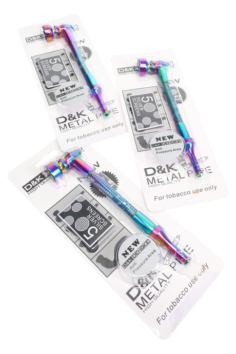 Retail blister pack showing rainbow metallic bendy metal hand pipe gift set with five silver pipe screens included.