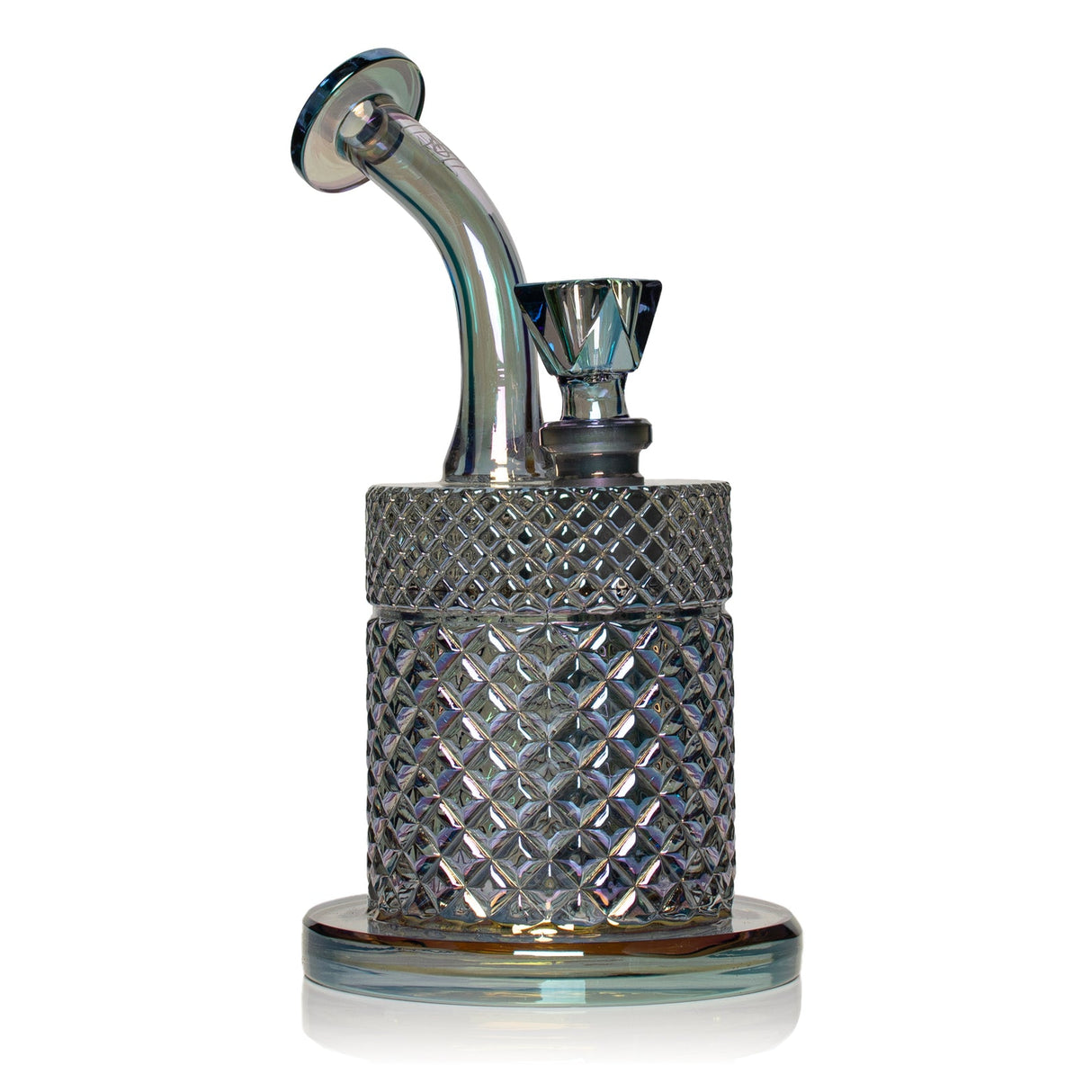 Mermaid Jane West water pipe front view with iridescent body, matching bowl, and raised texture