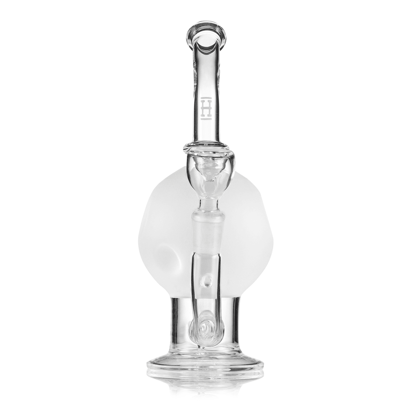 Front view of Hemper Full Moon 7-inch glass water pipe highlighting frosted lunar ball chamber, fixed downstem and 14 mm joint.