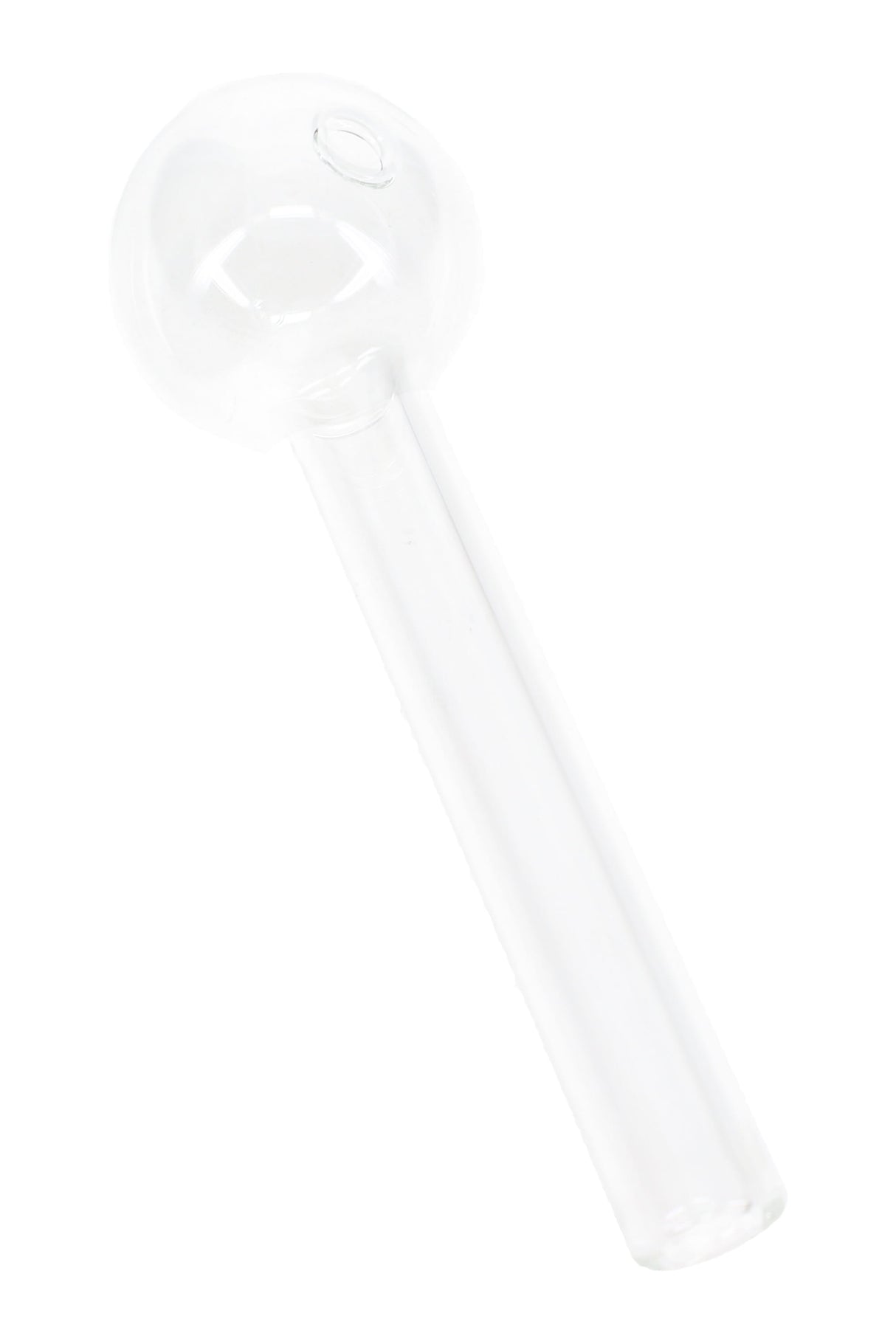 Clear thick glass oil burner pipe with round globe and straight short stem; transparent US-made design for heating fragrance and concentrate oils.