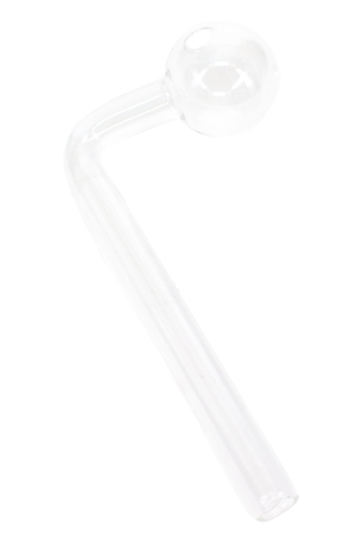 Clear glass L-shaped oil burner pipe with angled mouthpiece and rounded bulb, 6″ long, US-made