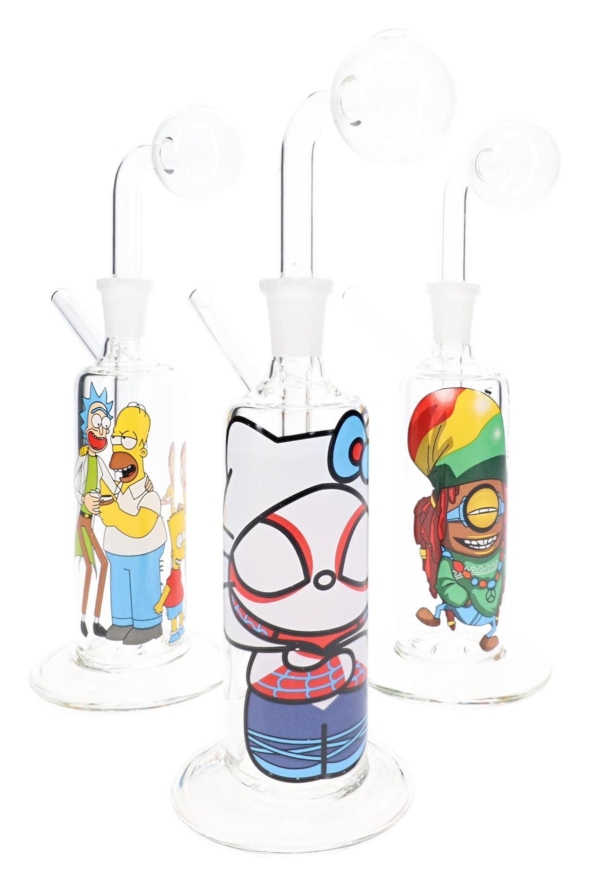 Side view of decal oil burner rig showing glass-on-glass connection and decorative assorted graphics