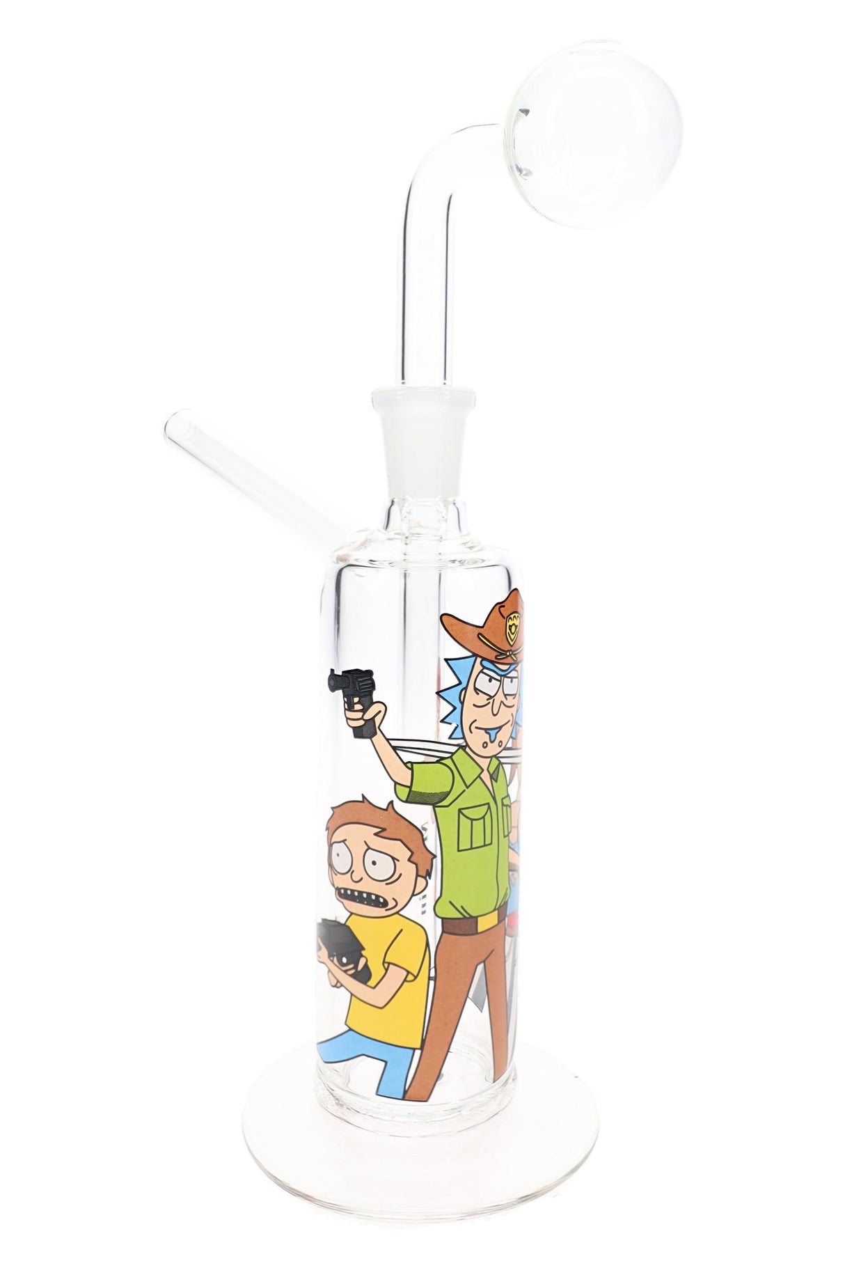 Glass on glass oil burner rig with colorful decal artwork, compact 6″ body, and clear glass base