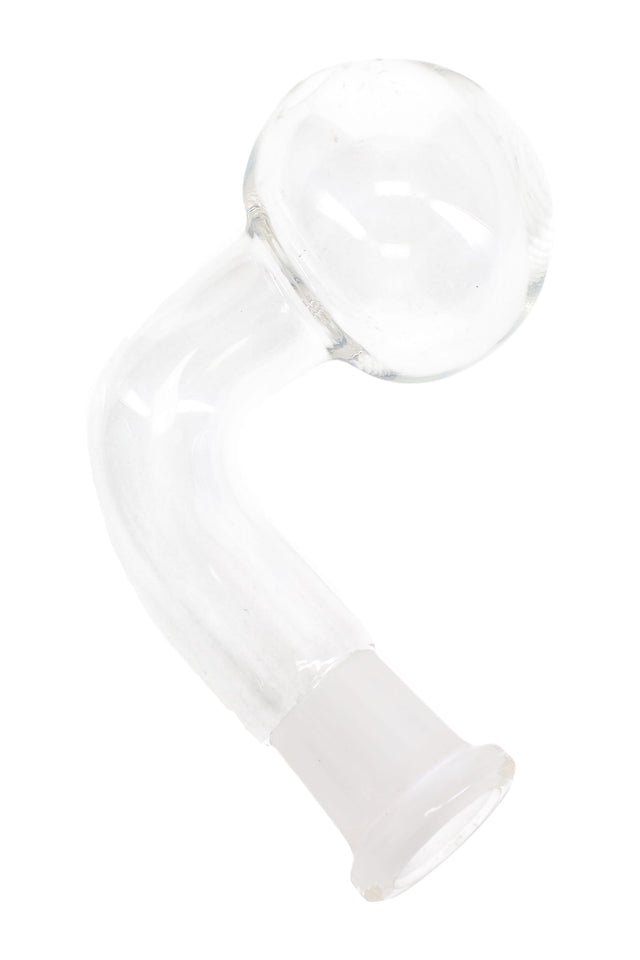 US-made 14.5 mm female glass oil burner attachment with clear globe head and L-shaped stem; lightweight ~25 g; compact, clear finish.