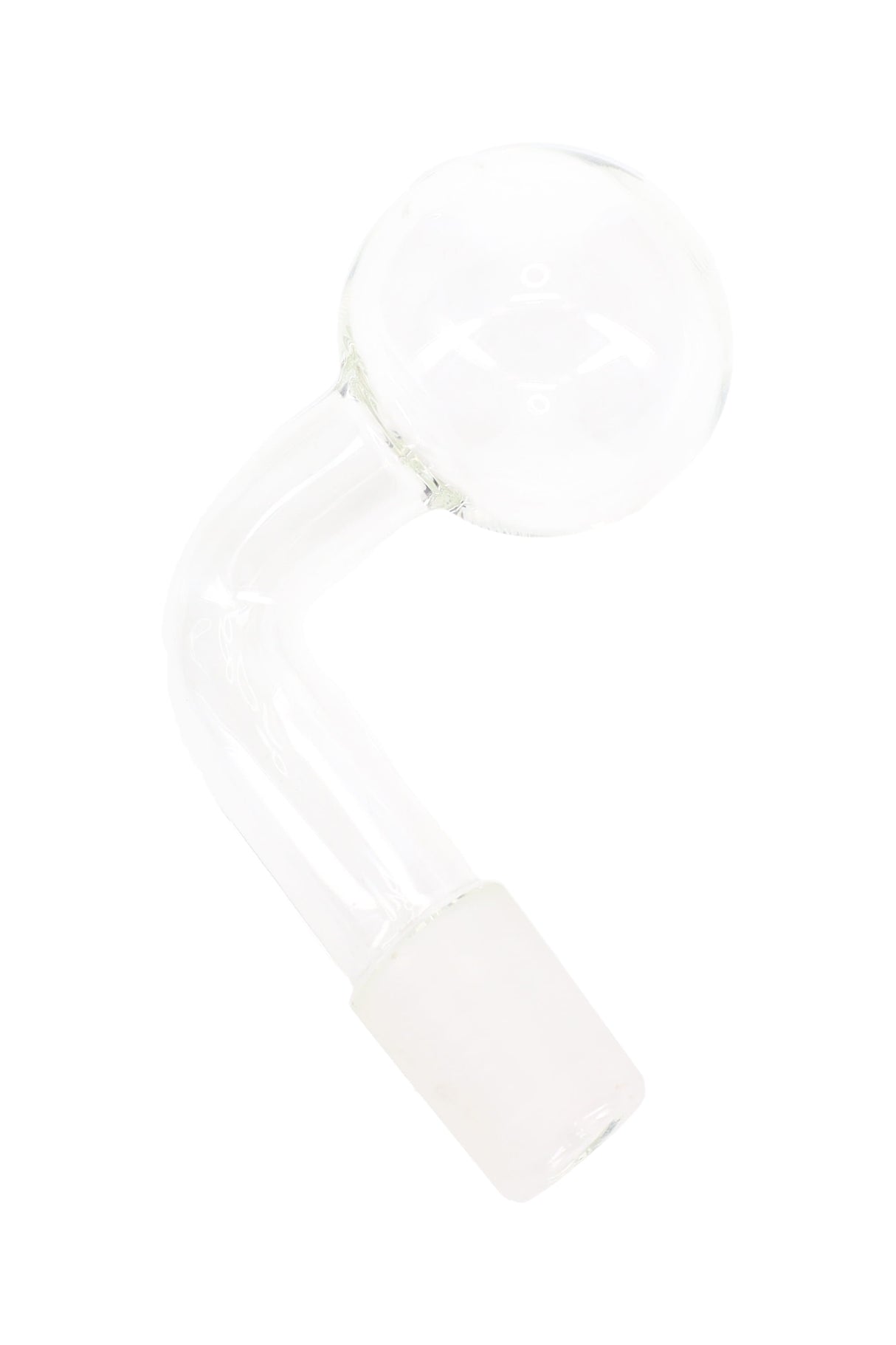 US-made clear glass 18.8 mm male oil burner attachment with curved elbow and round globe bowl, fits 18.8 mm female joints.
