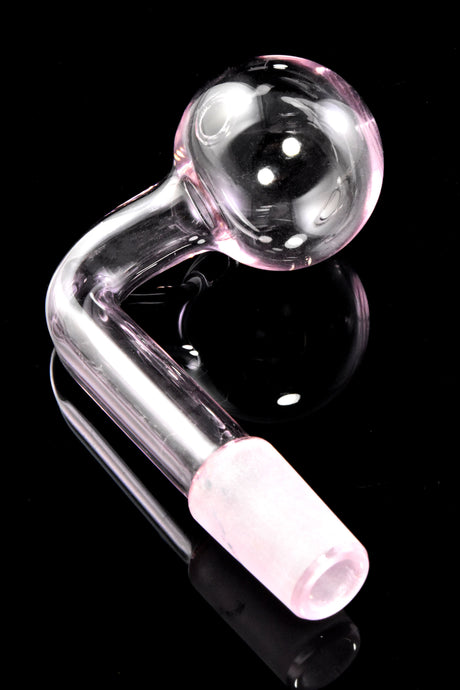 Pink L-shaped 14.5 mm male glass oil burner featuring clear globe head and frosted joint; reflective black backdrop.