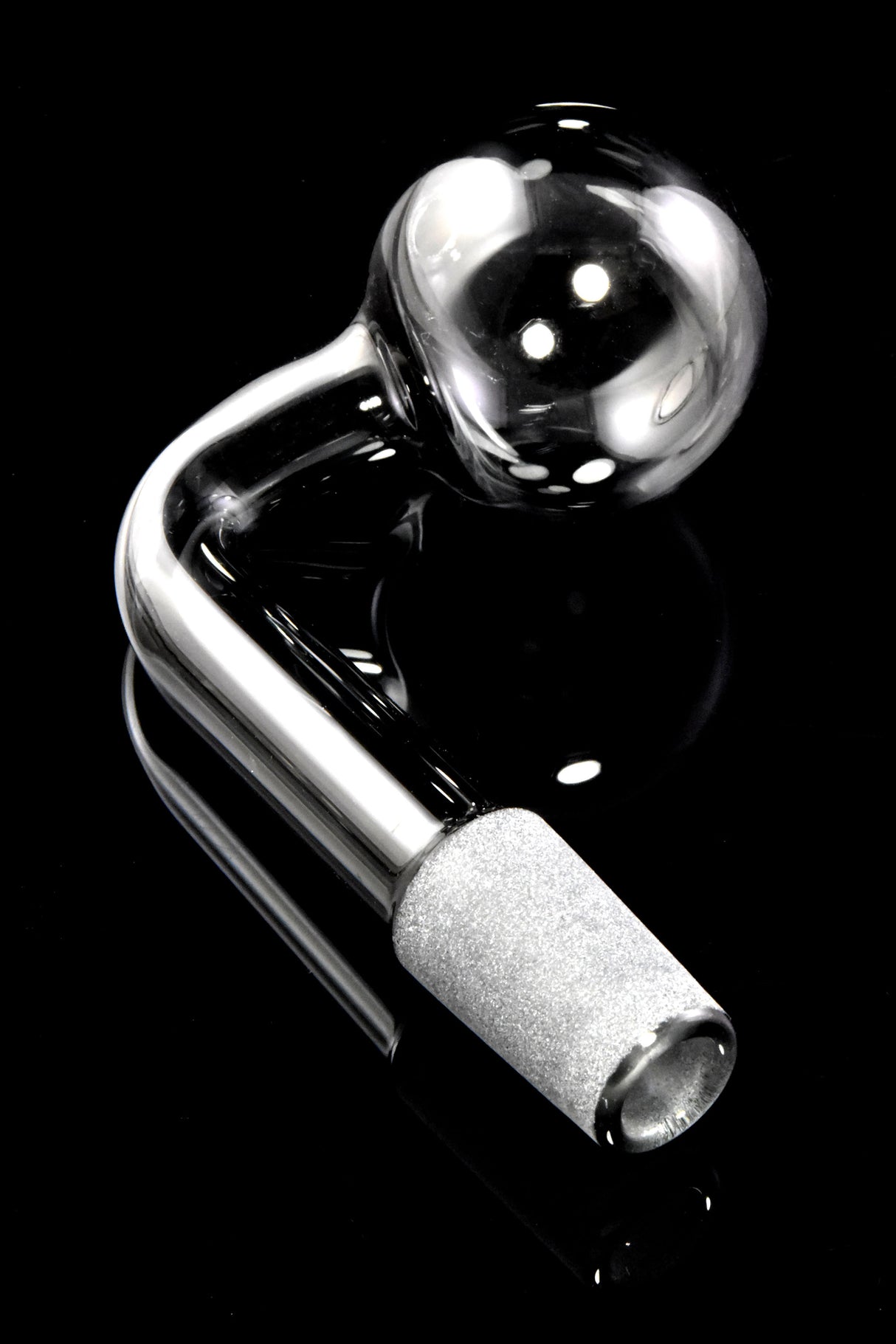 Black L-shaped 14.5 mm male glass oil burner with round globe head and frosted connector on black background.