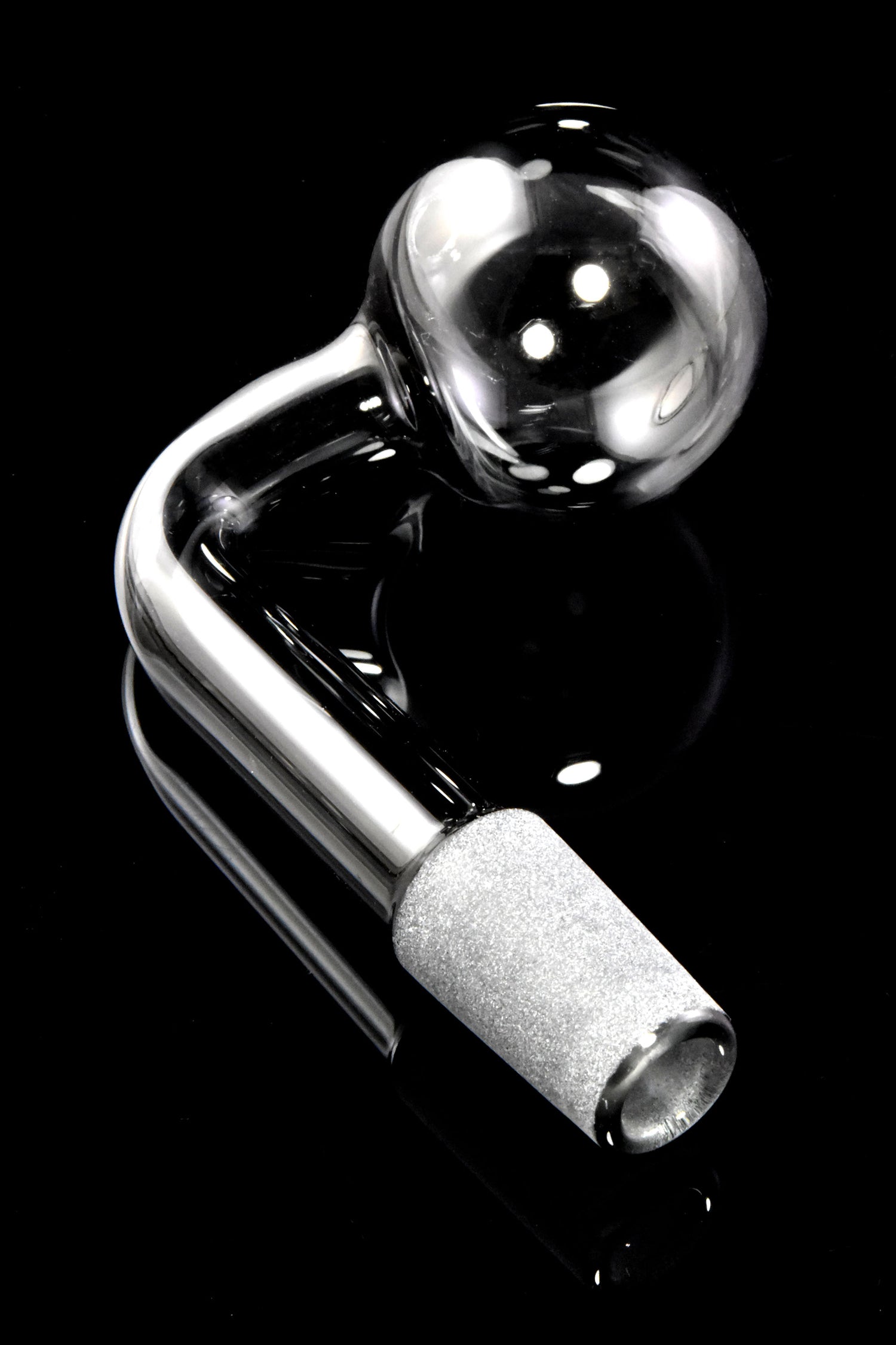 Black L-shaped 14.5 mm male glass oil burner with round globe head and frosted connector on black background.