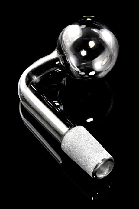 Black L-shaped 14.5 mm male glass oil burner with round globe head and frosted connector on black background.