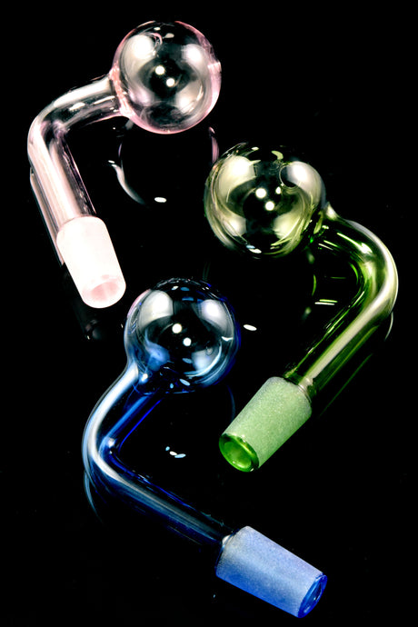 US-made 14.5 mm male colored glass oil burner attachment with clear globe and L-shaped stem; frosted joint; approx. 20 g.