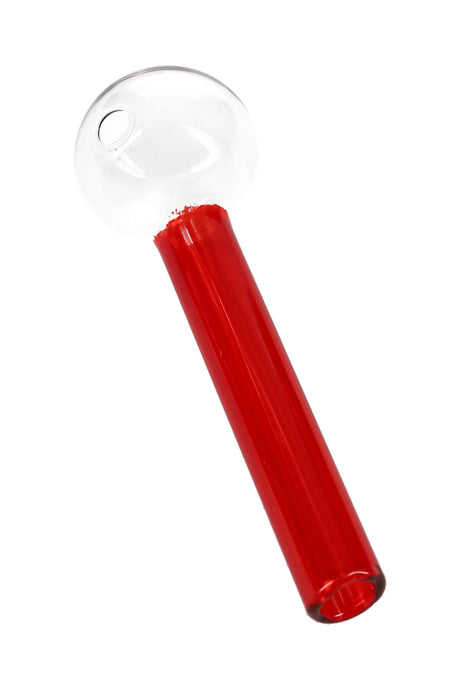 4″ red painted-stem glass oil burner pipe with clear round bowl and straight mouthpiece; lightweight 15 g size.