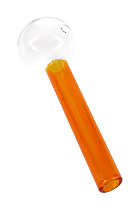 4″ orange-stem painted glass oil burner pipe with clear globe bowl showing side hole and straight stem; compact US-made design.