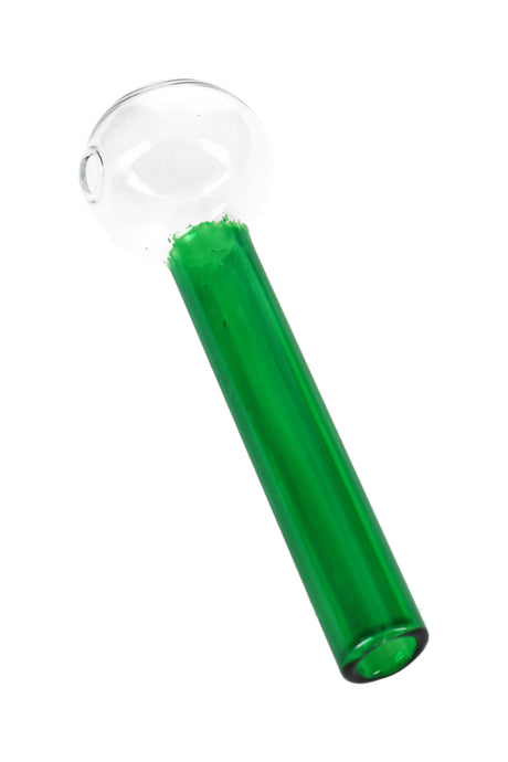 4″ dark-green painted-stem glass oil burner pipe with clear round burner bowl; compact single-piece pipe.