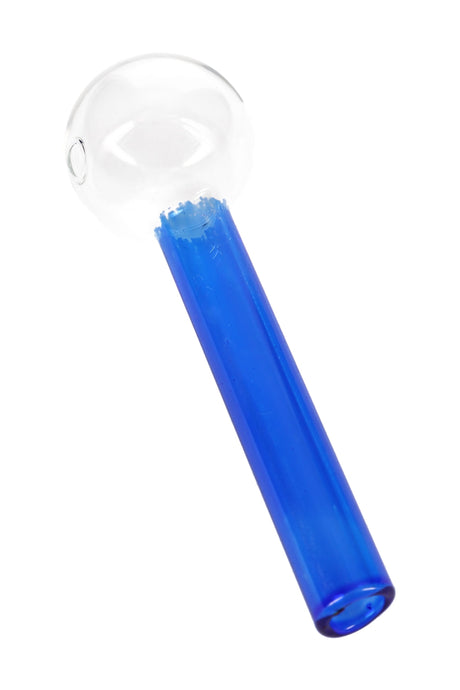 4″ medium-blue painted glass oil burner pipe with clear spherical bowl and straight tube stem; US-made.