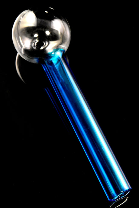 4″ cobalt-blue painted glass oil burner pipe with clear round bowl, straight stem, and compact travel size.