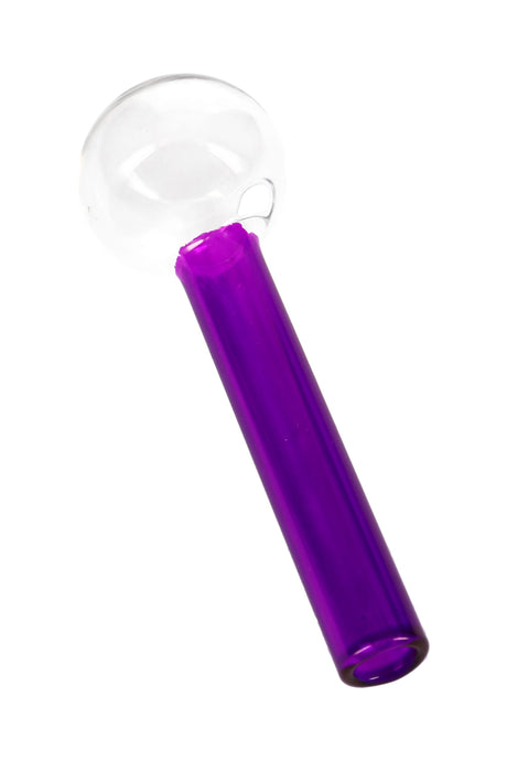 4″ purple painted glass oil burner pipe featuring clear globe bowl and slim straight stem for easy handling.