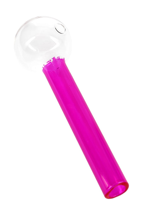 4″ bright-pink painted glass oil burner pipe with clear round bowl and straight stem; lightweight and portable.