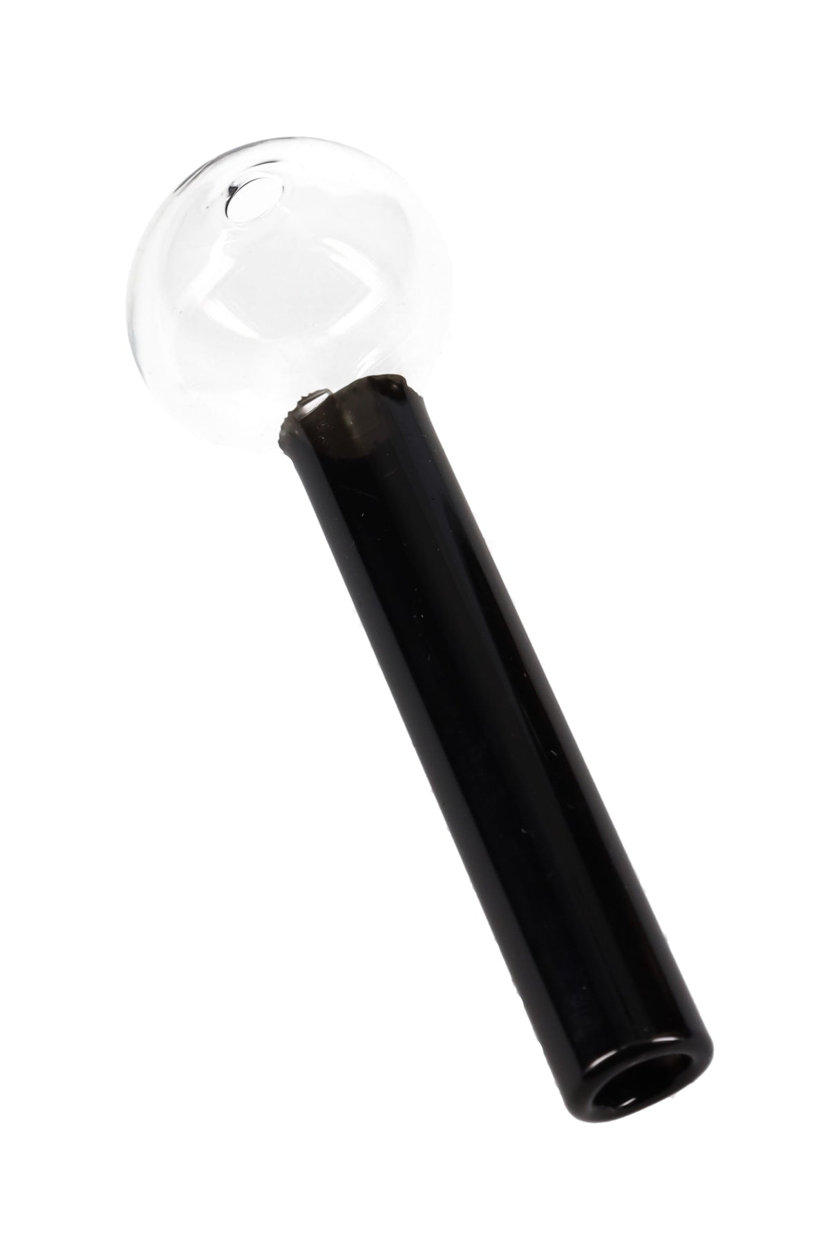 4″ black-stem painted glass oil burner pipe with clear globe bowl showing side hole and straight stem; compact US-made design.