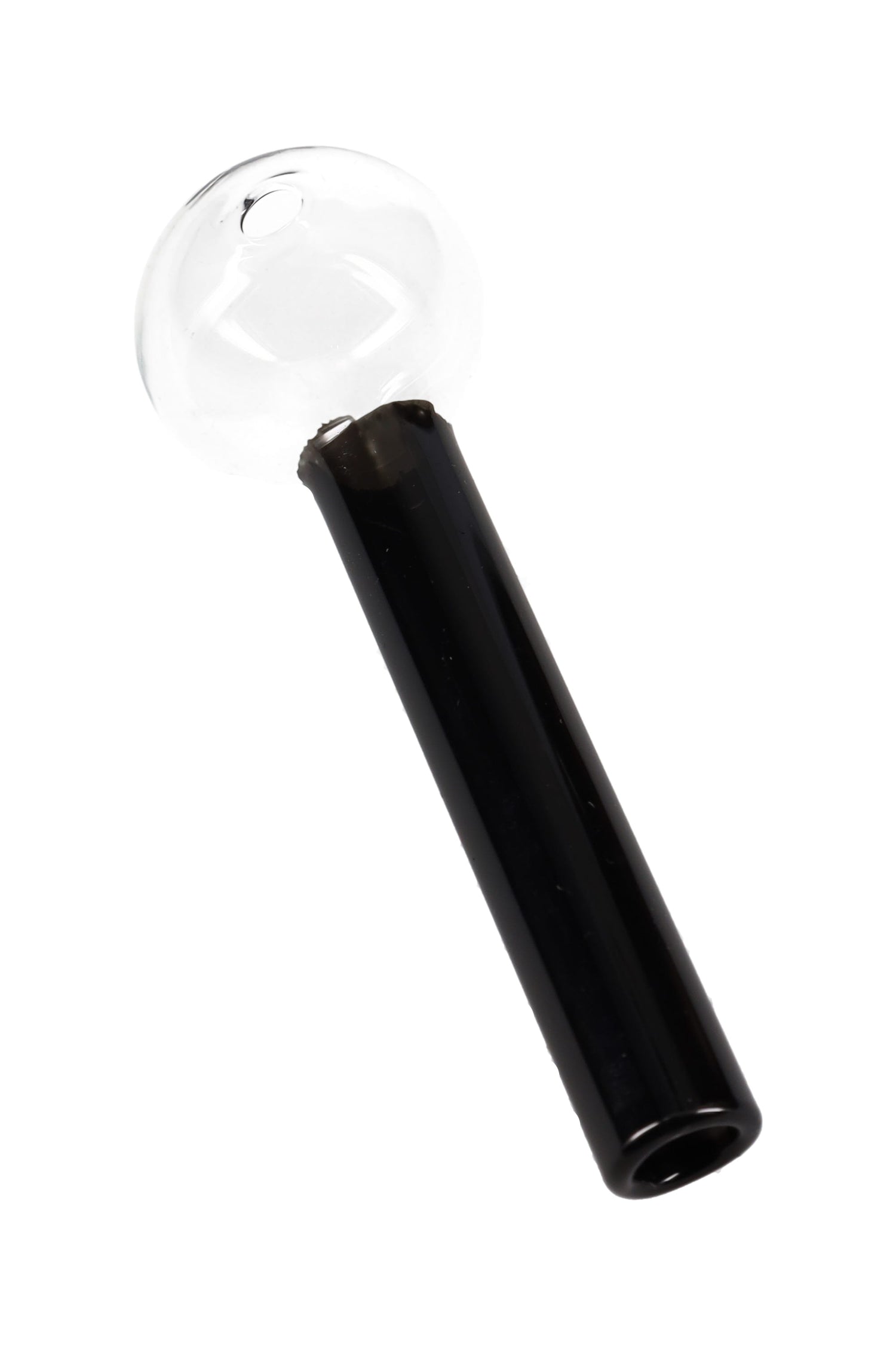 4″ black-stem painted glass oil burner pipe with clear globe bowl showing side hole and straight stem; compact US-made design.