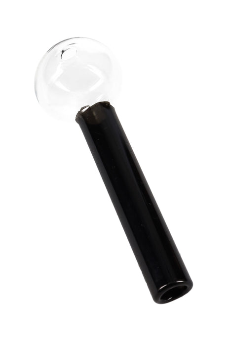 4″ black-stem painted glass oil burner pipe with clear globe bowl showing side hole and straight stem; compact US-made design.