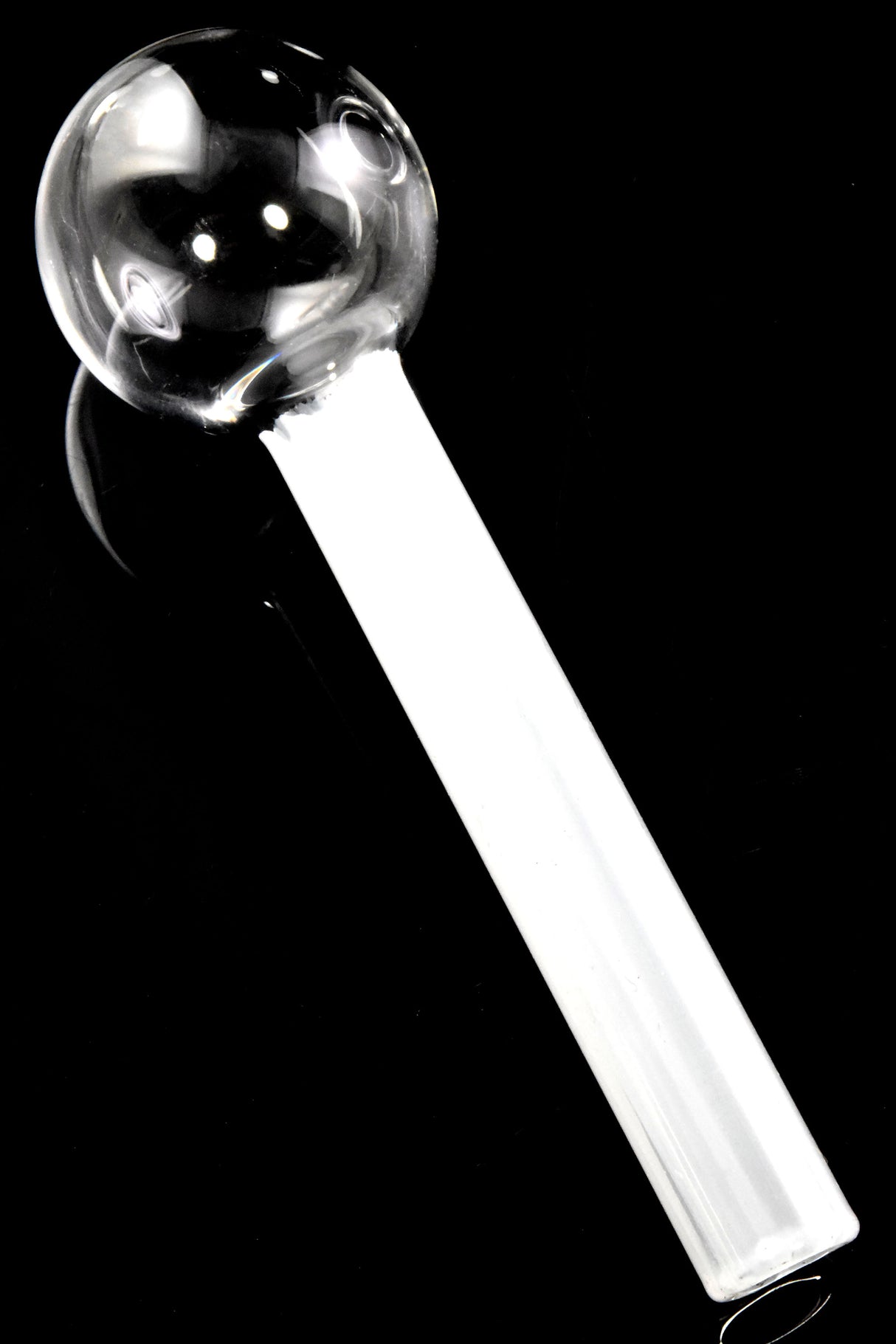 4″ white painted-stem glass oil burner pipe with clear round burner bowl; compact single-piece pipe.