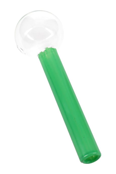 4″ light-green painted glass oil burner pipe with clear sphere bowl and straight tube stem.