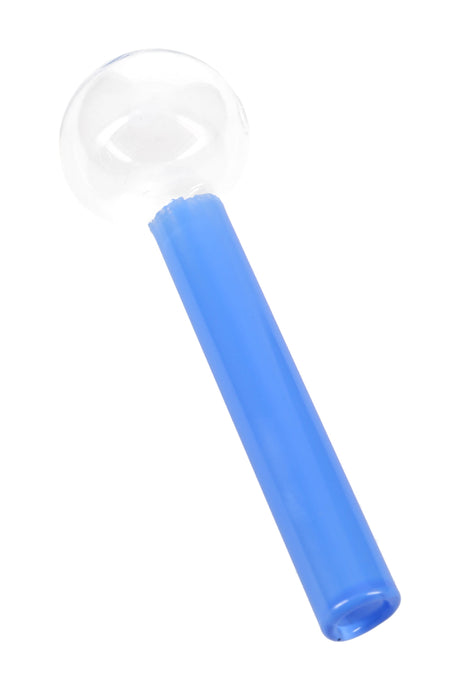 4″ bright-blue painted glass oil burner pipe with clear round bowl and straight stem; lightweight and portable.