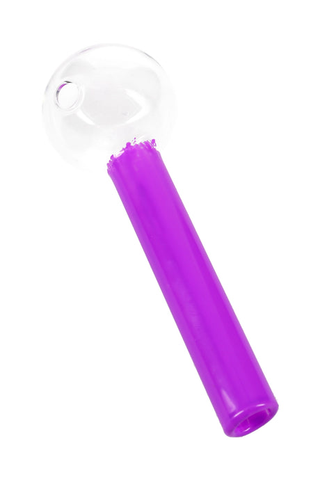 4″ purple painted glass oil burner pipe featuring clear globe bowl and slim straight stem for easy handling.