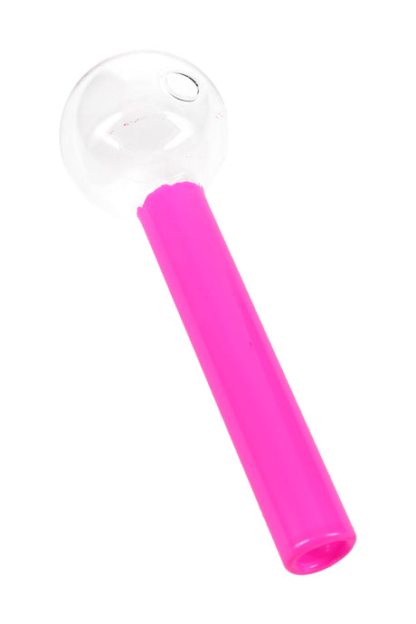 4″ bright-pink painted glass oil burner pipe with clear round bowl and straight stem; lightweight and portable.