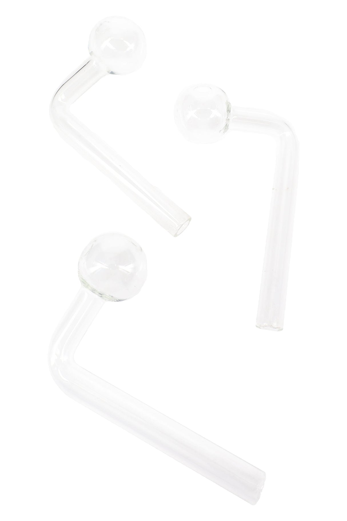 Clear thick glass L-shaped oil burner, round globe bowl and straight mouthpiece, compact 4½″ length for precise heating and safer hand clearance.