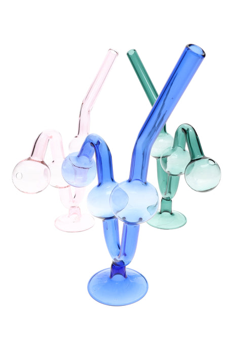 US-made 7″ glass water dog oil burner pipe with base, twin chambers and bent mouthpiece, lightweight ~50 g, assorted translucent colors.
