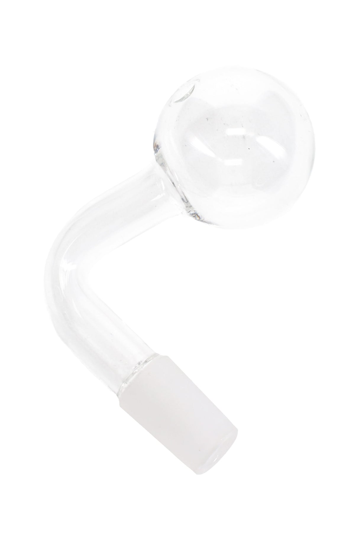 Clear 14.5 mm male glass oil burner attachment with L-shaped stem and round globe head; lightweight ~15 g for 14.5 mm female joints.