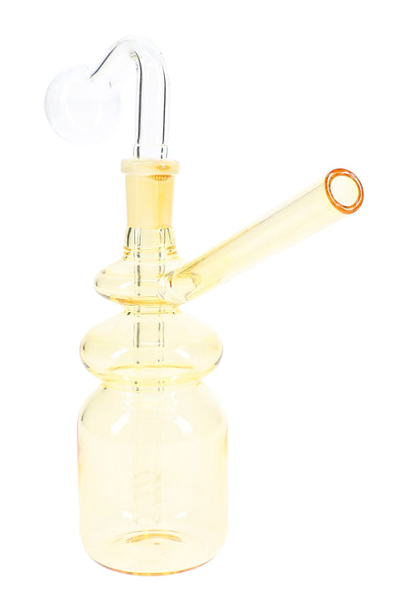 Yellow bottle-style glass oil burner showing 14.5 mm GoG joint, dome burner, and angled straw mouthpiece, white background.