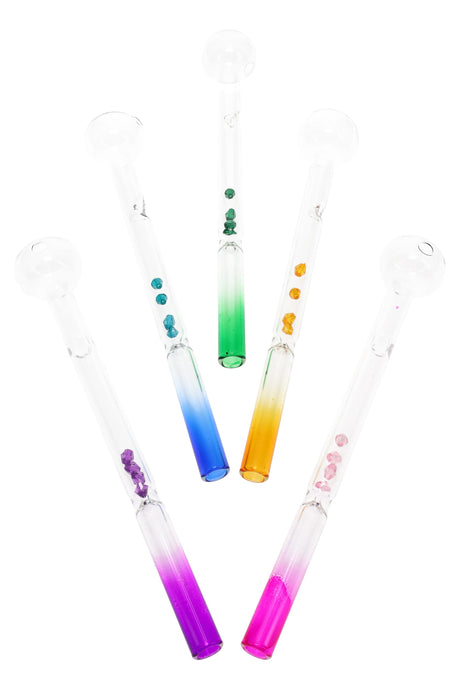 8″ glass oil burner pipe with colored gradient tip and crystal filter beads inside the stem; lightweight ~30 g; assorted colors shown.