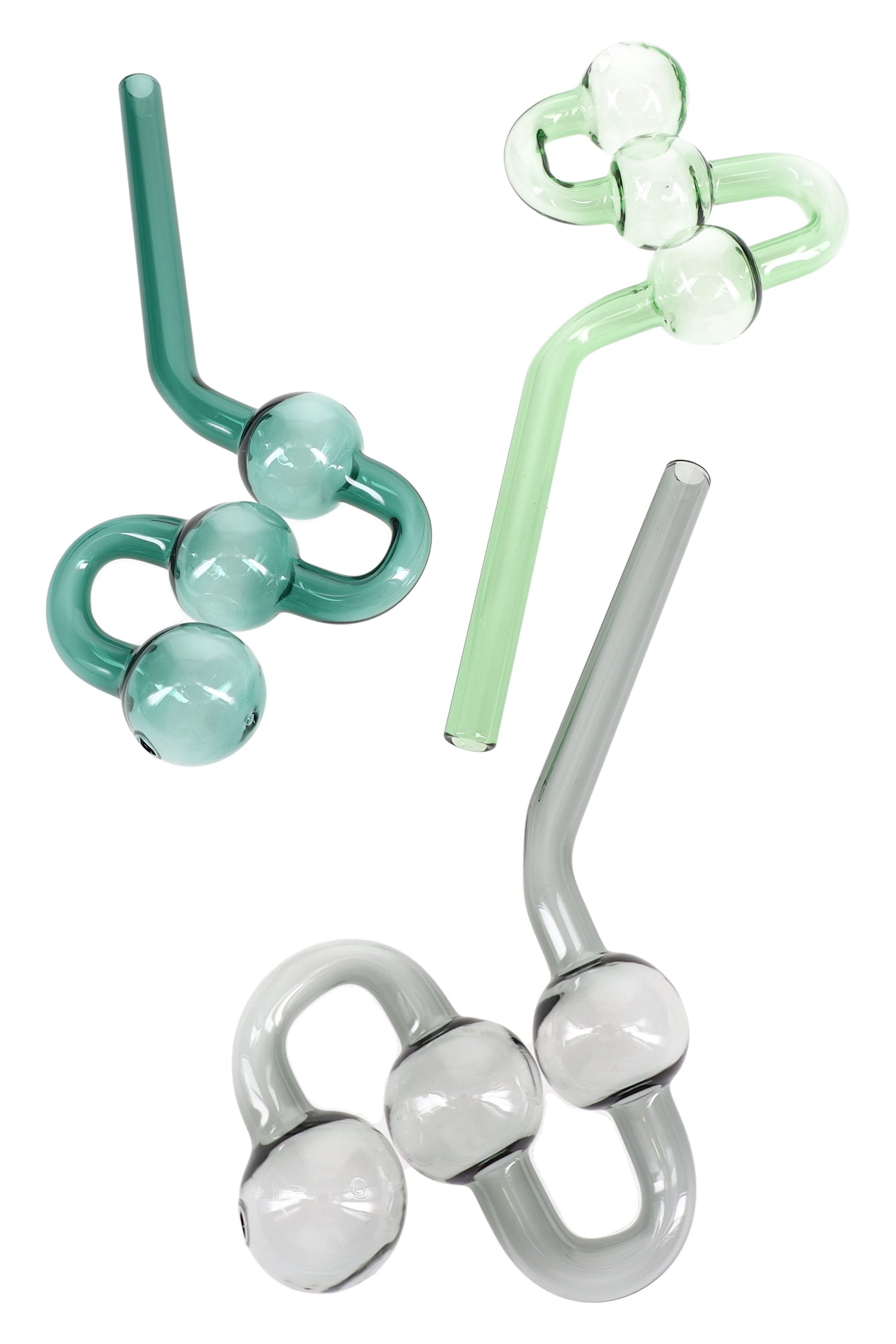 8″ colored glass water dog oil burner pipe with three chambers and bent mouthpiece; lightweight ~50 g; assorted green, mint, and gray colors.