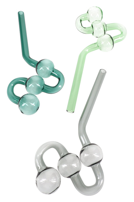 8″ colored glass water dog oil burner pipe with three chambers and bent mouthpiece; lightweight ~50 g; assorted green, mint, and gray colors.