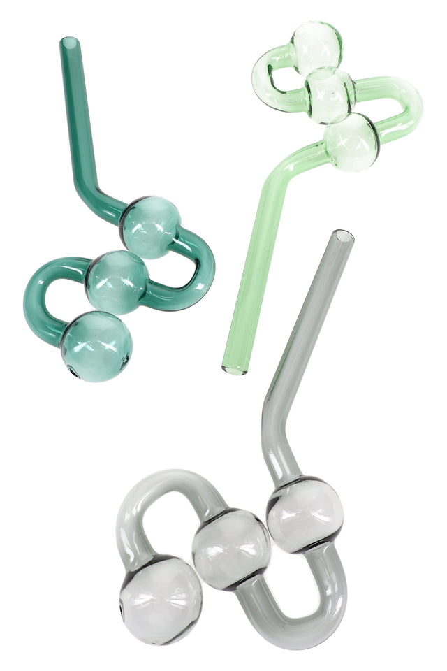 8″ colored glass water dog oil burner pipe with three chambers and bent mouthpiece; lightweight ~50 g; assorted green, mint, and gray colors.