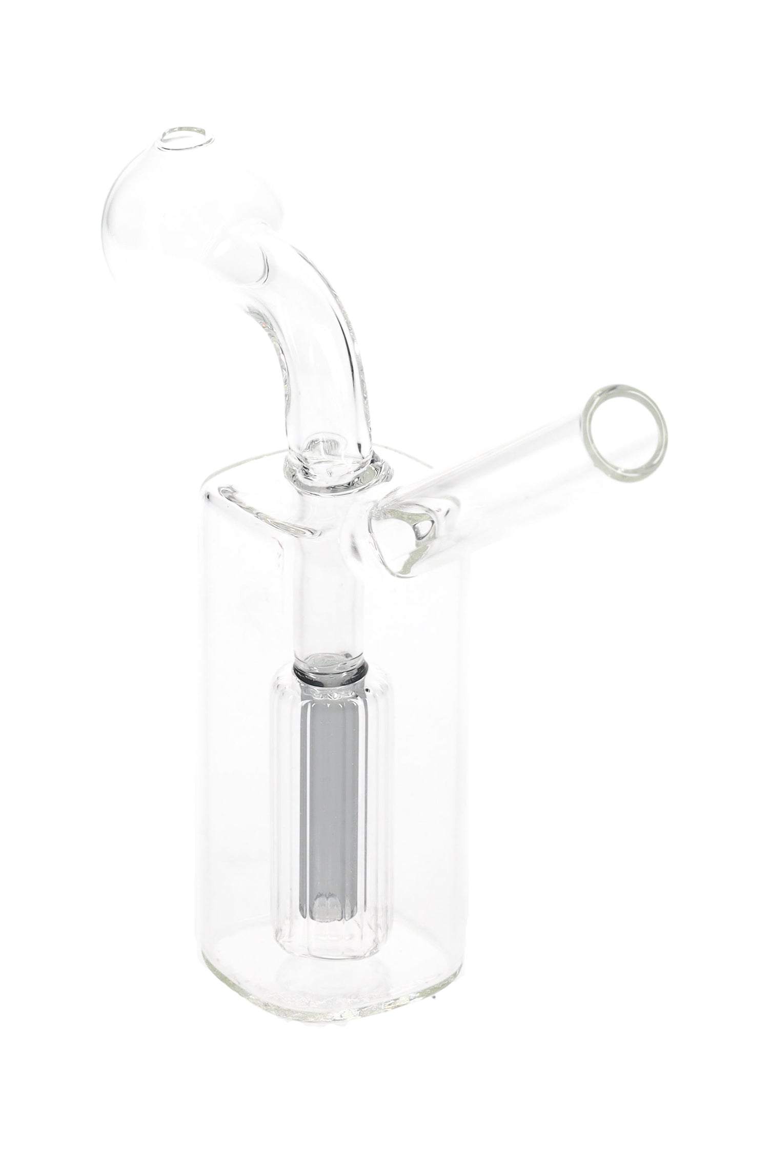Mini clear glass oil burner rig with internal colored perc, 3″ tall, straight mouthpiece and fixed globe burner; lightweight ~60 g design.