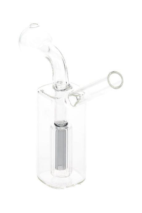 Mini clear glass oil burner rig with internal colored perc, 3″ tall, straight mouthpiece and fixed globe burner; lightweight ~60 g design.