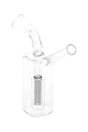 Mini clear glass oil burner rig with internal colored perc, 3″ tall, straight mouthpiece and fixed globe burner; lightweight ~60 g design.