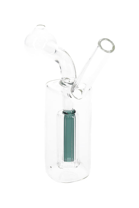 Side view of 3″ mini oil burner rig showing the internal perc and straw mouthpiece; compact ~60 g clear glass body.