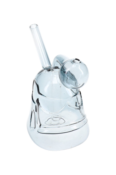 Grey 3″ glass trooper oil burner rig with angled mouthpiece, spherical burner head, and stable, rounded foot.