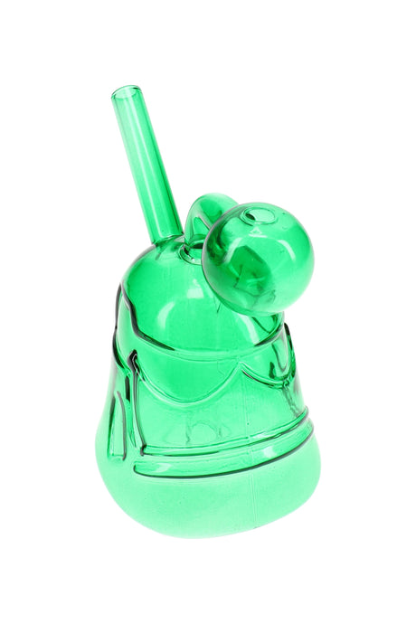 Green 3″ glass trooper oil burner rig with rounded base, angled mouthpiece, and fixed globe burner on side.